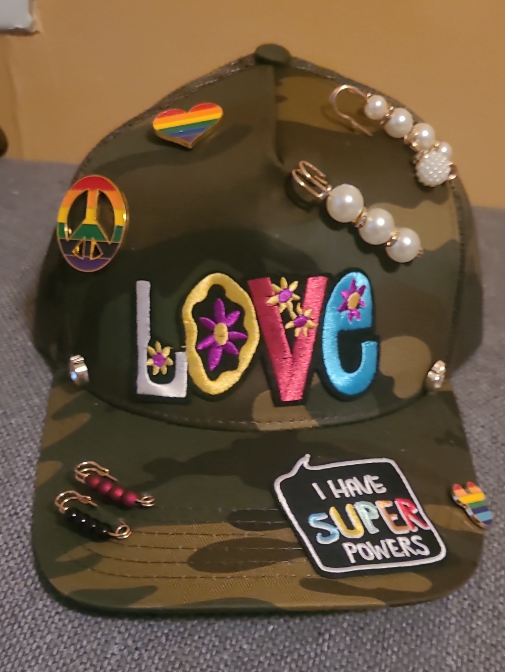 Kids Camouflage 'LOVE' Embroidered Cap with Pins - Olive Green